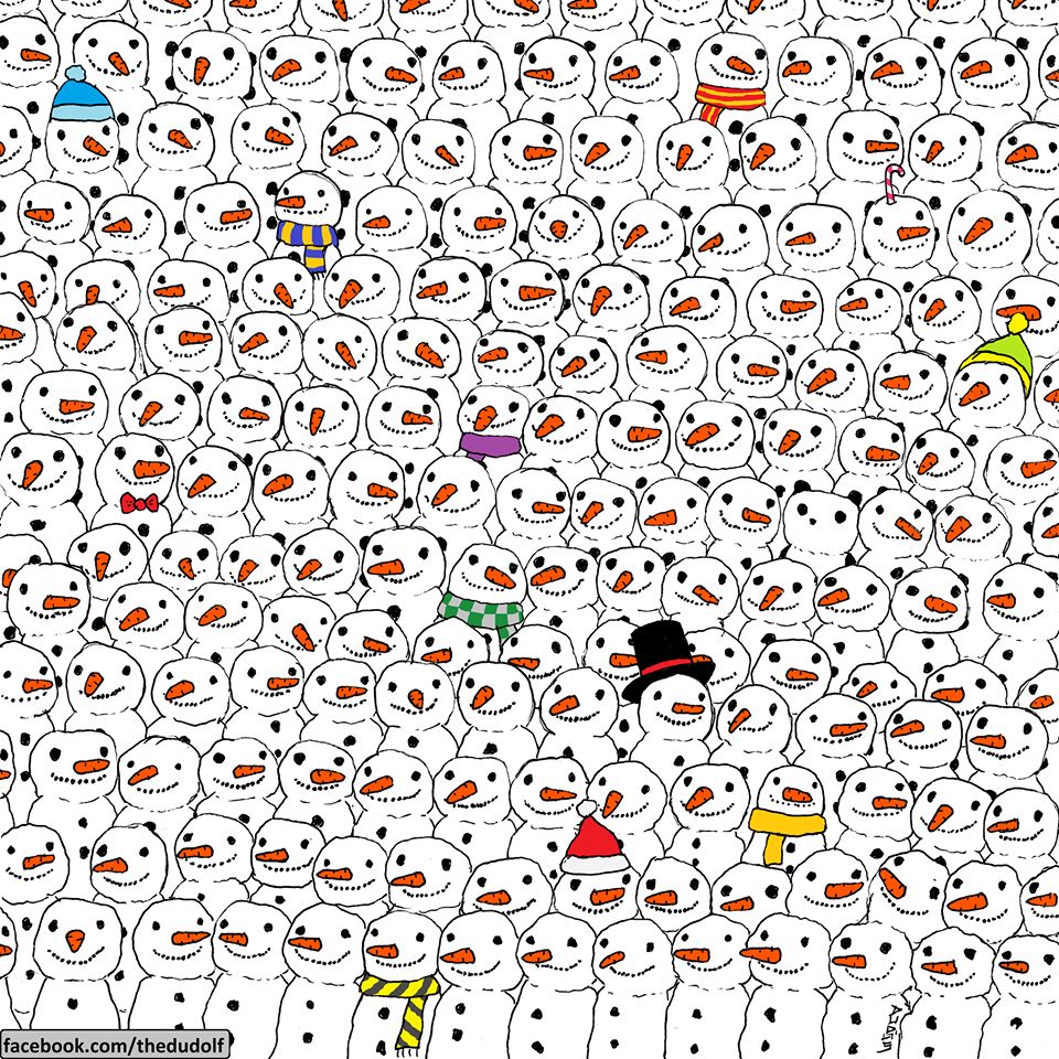 Найди панду среди снеговиков и кота в толпе сов