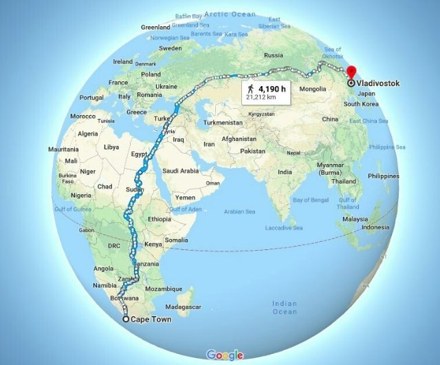 Самая длинная прогулка по версии Google maps - 21212 км